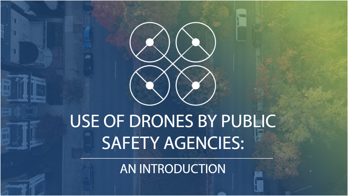 Title slide for the course with white line drawing of a drone overtop a neighborhood street.